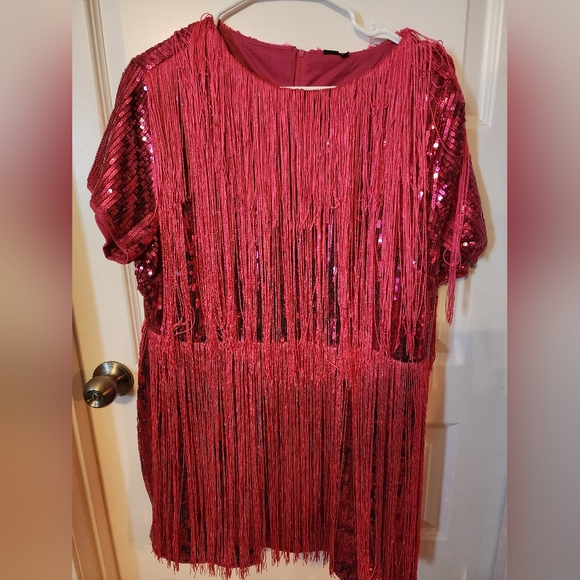 Xpluswear Design Plus Size Hot Pink Party Short Sleeve Fringe Sequin Mini Dress - Picture 1 of 5